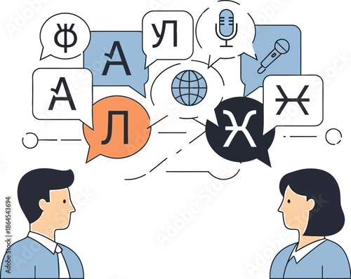 Conceptual illustration depicting two individuals engaged in cross cultural communication facilitated by language translation services featuring speech bubbles and diverse foreign alphabet characters.