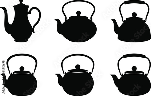 Six black kettles and a teapot in silhouette kitchenware