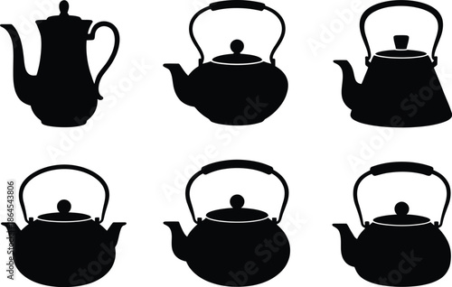Six black kettles and teapots in silhouette kitchenware