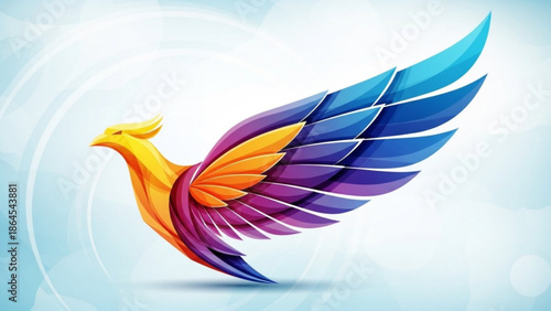 Vibrant colorful bird with large wings spread wide in mid flight against a light blue background with white highlights with bird in flight and vibrant colors