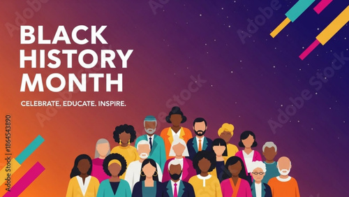 Black history month celebration with diverse group of people, colorful background, and educational theme for equality and inspiration with awareness