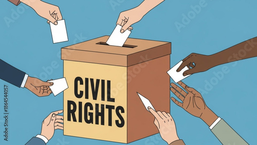 Diverse hands casting ballots into a civil rights ballot box concept of voting and democracy