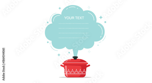 Creative recipe card template featuring a red cooking pot with a large cloud of steam for adding your own text.