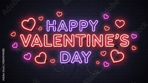 Neon sign with Happy Valentines Day text and hearts glowing on a dark brick wall perfect for celebra