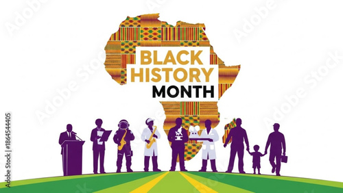 Black History Month celebration diverse people silhouette against Africa map with Kente pattern conc