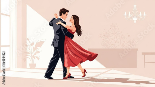 Elegant couple dancing ballroom romantic waltz in formal attire celebrating love and togetherness in