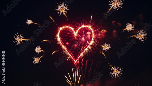 Heart shaped fireworks display glowing red love symbol exploding in night sky celebration and romanc