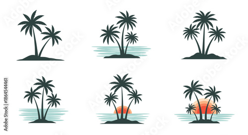 Set of six vector silhouettes of tropical palm trees on islands, with variations showing serene ocean water and vibrant sunsets.