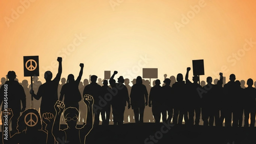 Silhouette crowd protesting with peace signs and signs representing social activism and demonstratio