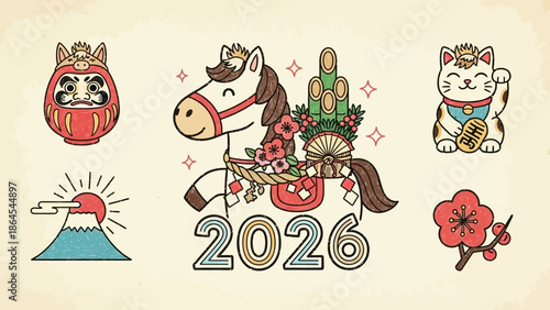 Japanese New Year 2026 illustration with horse, Daruma, Maneki-neko, Mount Fuji, and plum blossom symbols.