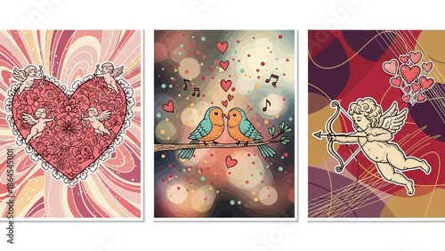 バレンタインデーをテーマにした3つのイラスト。バラのハート、キスする鳥、弓矢を持つキューピッドが描かれている。.