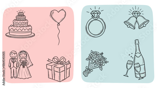 結婚式や祝い事をテーマにした、手描きの可愛らしいイラスト素材集.