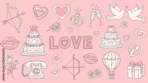 ピンクの背景に、手描き風のハート、弓矢、ケーキ、鳩、指輪など、愛とロマンスをテーマにした可愛らしいイラストがたくさん描かれています。バレンタインデーや結婚式にぴったりのデザインです。.
