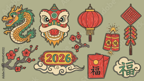 旧正月や春節を祝うための伝統的な要素のイラストセット。龍、獅子舞、提灯、爆竹、梅の花、赤い封筒、そして2026年のバナーが含まれています。.