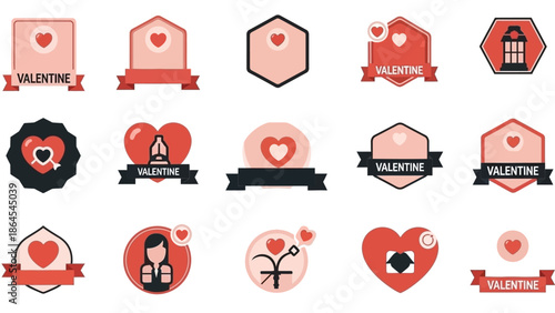 バレンタインデーをテーマにした、ハートやリボン、幾何学模様を組み合わせた様々なデザインのアイコンとラベルのセット。.
