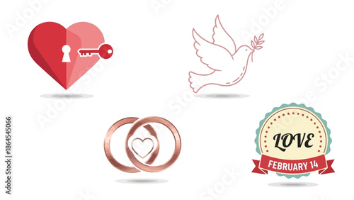 A collection of romantic symbols including a heart with a key, a dove, wedding rings, and a Valentine's Day emblem.