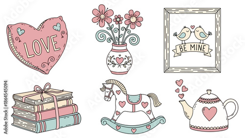 愛と家庭をテーマにした、手描きのパステルカラーのイラストコレクション。ハート、花瓶、ロッキングホースなどが含まれる。.