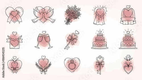 A collection of hand-drawn wedding and romance-themed icons with a watercolor effect, featuring hearts, cakes, doves, and keys.