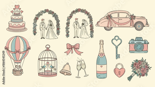 A collection of charming hand-drawn wedding-themed illustrations including a cake, arches, a car, a hot air balloon, a birdcage, champagne, and a bouquet.