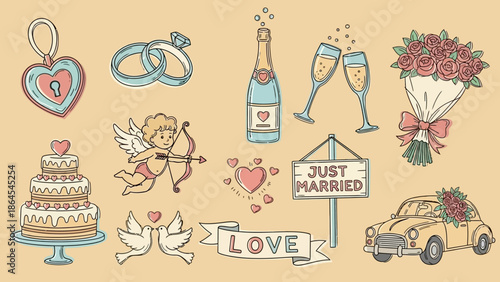 A charming collection of hand-drawn wedding-themed illustrations on a beige background.