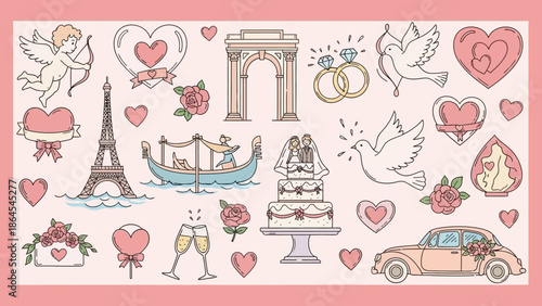 A charming collection of romantic wedding-themed illustrations featuring iconic landmarks, symbols of love, and celebratory elements.