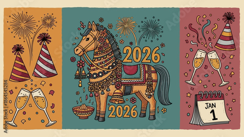 A vibrant illustration celebrating the arrival of 2026 with a decorated horse, fireworks, party hats, and champagne.