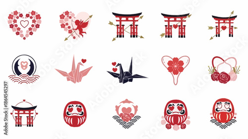Collection of Japanese cultural icons with romantic and Valentine's Day themes, featuring torii gates, daruma dolls, origami cranes, and heart motifs.