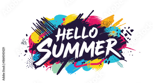 Bold 'Hello Summer' brush lettering on a dynamic and colorful abstract background with paint splatters, strokes, and scribbles.