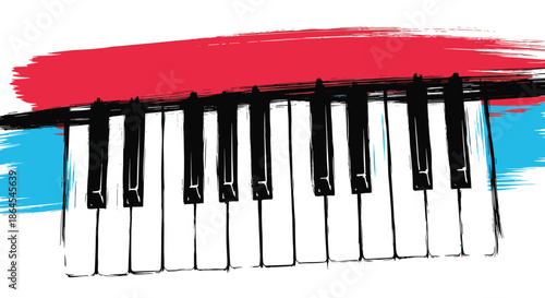Expressive and artistic illustration of piano keys in a grunge, hand-drawn sketch style with bold red and blue brush stroke accents.