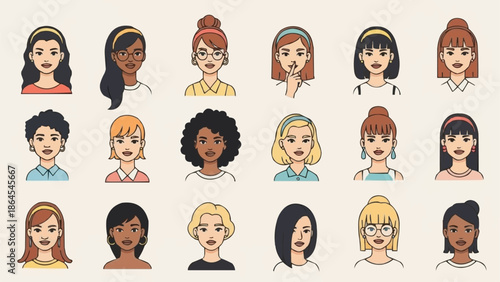 Diverse Collection of Womens Portraits with Various Hairstyles and Features.