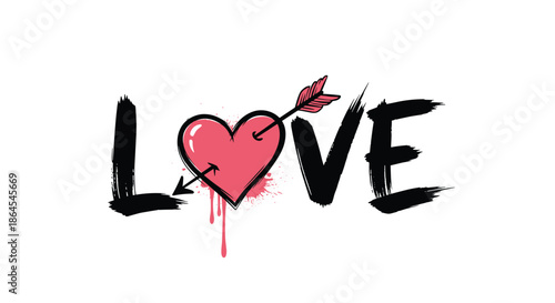 Edgy and artistic 'LOVE' typography with a pink heart pierced by an arrow, created in a dripping, black brush stroke style.