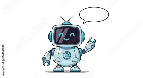 Cute and friendly cartoon robot waving with a happy expression and a blank speech bubble, designed in a pixel art style.
