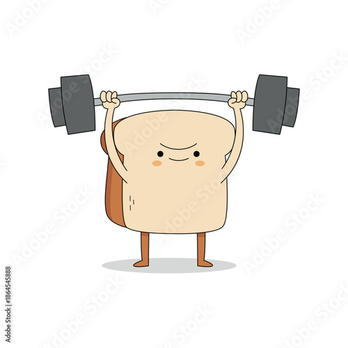 Cute bread slice cartoon character lifting weight barbell doodle