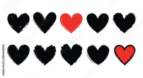 Set of ten hand-drawn hearts in a grunge brush stroke style, with eight black and two red hearts on white background.