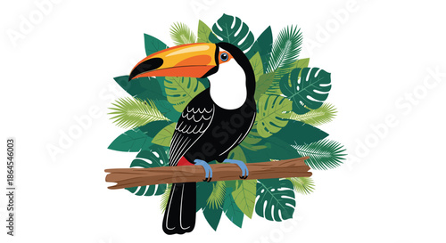Colorful cartoon toucan with a large orange beak perched on a wooden branch surrounded by lush tropical jungle leaves.