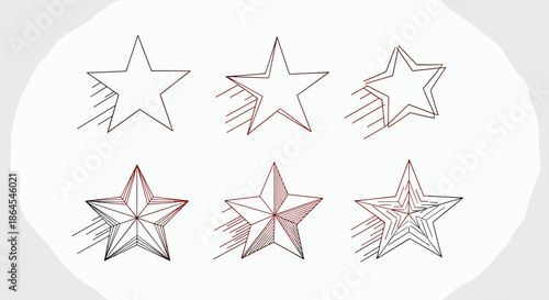 Collection of six evolving star icons, from simple outlines to complex shaded designs with motion lines on a light gray background.