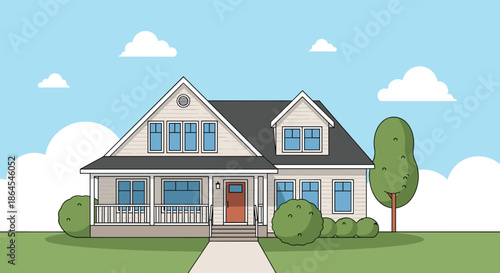 Flat vector illustration of a charming suburban family home with a front porch, green lawn, and trees under a blue sky.