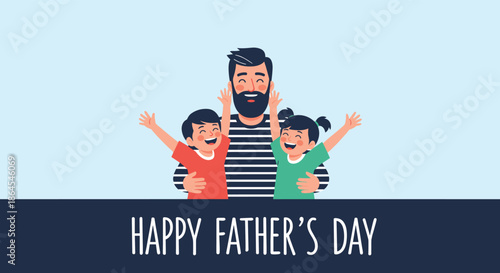 Happy Father's Day greeting card design featuring a cheerful dad with a beard hugging his two happy children, a boy and a girl.