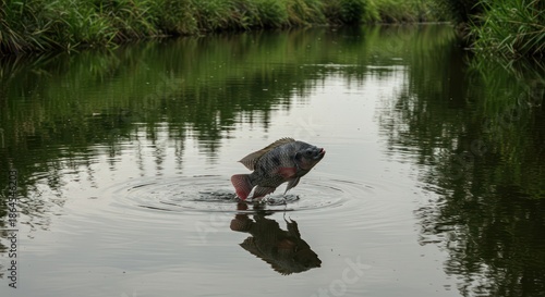 A striking view of a tilapia breaking free from the still waters with vegetation reflections