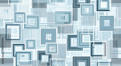 Abstract seamless geometric pattern featuring a complex arrangement of concentric squares and lines in cool blue and gray tones.