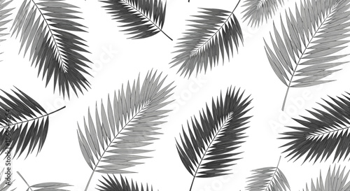 Seamless monochrome pattern featuring stylized, overlapping tropical palm leaves in shades of black and gray on a white background.