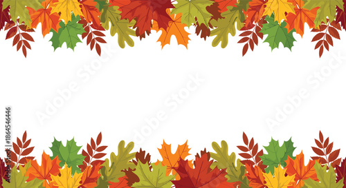 Horizontal frame or border composed of colorful autumn leaves in shades of red, orange, and green along the top and bottom.