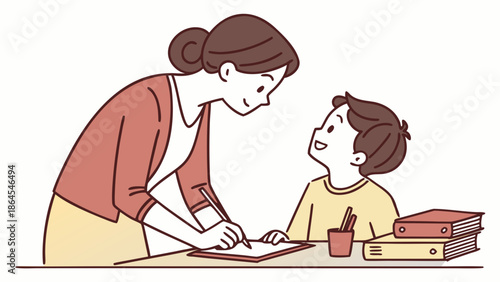 Mother and child working on school assignment together indoors