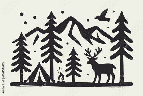 Rustic Mountain Camping Adventure Illustration with Deer, Pine Trees, and Fire.