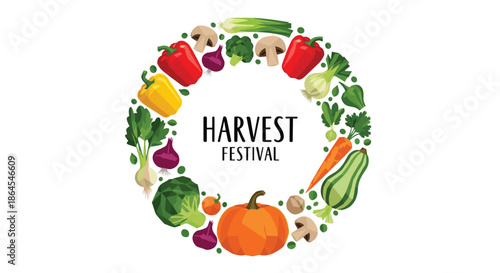 "Harvest Festival" greeting inside a circular frame made from a variety of fresh, colorful vegetables like pumpkins and peppers.