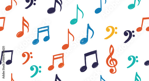 Seamless pattern of colorful musical notes and clefs with a hand-drawn, textured style on a clean white background.