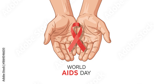 World AIDS Day illustration featuring two cupped hands gently holding a red awareness ribbon, symbolizing care and support.