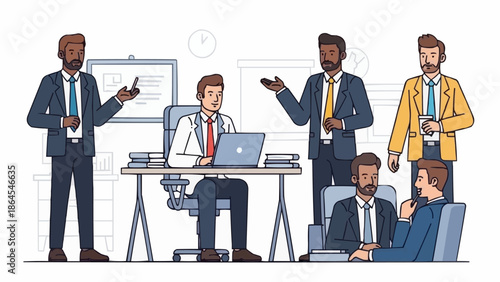 Business team discussing project in office meeting.