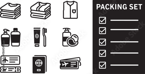 Packing set icons for travel preparation and organization checklist