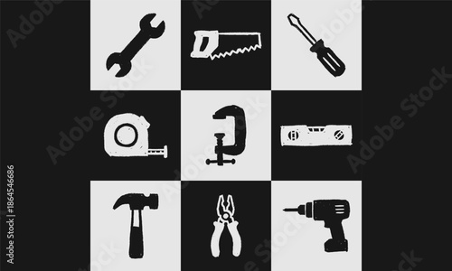 Vector Set of 9 hand-drawn textured icons of construction and repair tools